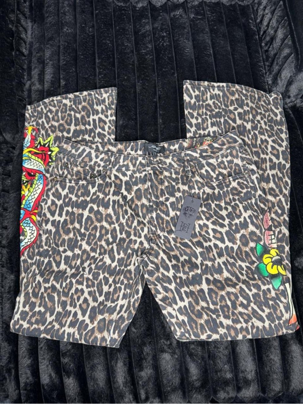 Leopard Print Ed Hardy Jeans with Colorful Embroidary